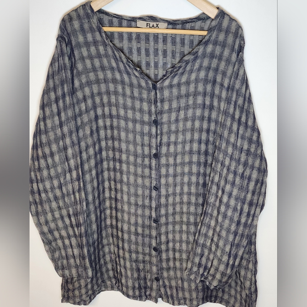 FLAX 100% Linen Woven Plaid Tunic Long Sleeve Blouse Large Oversized Baggy